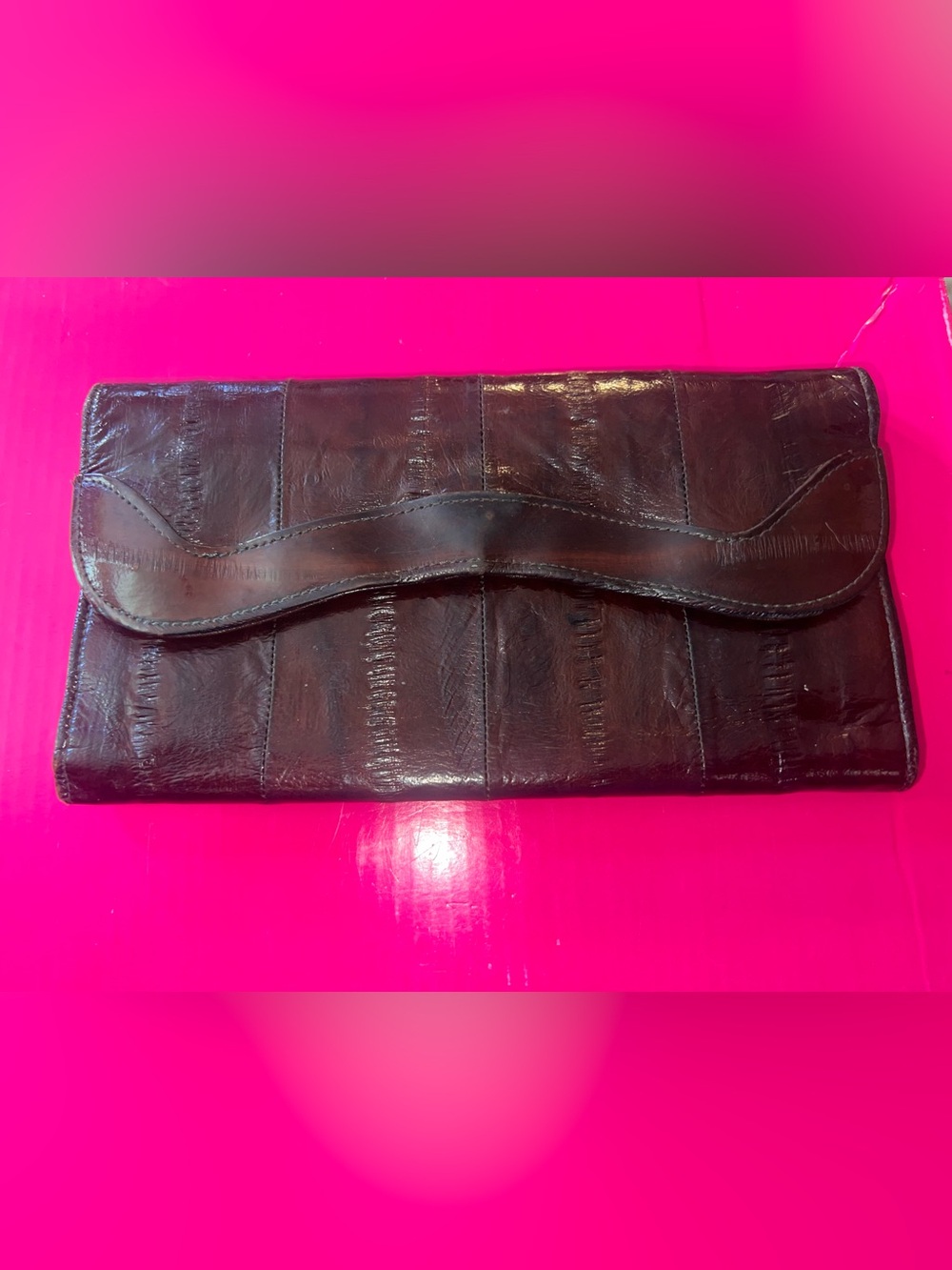 Vintage Genuine Eel Skin Leather Long Clutch Wallet Burgundy/ Dark Brown